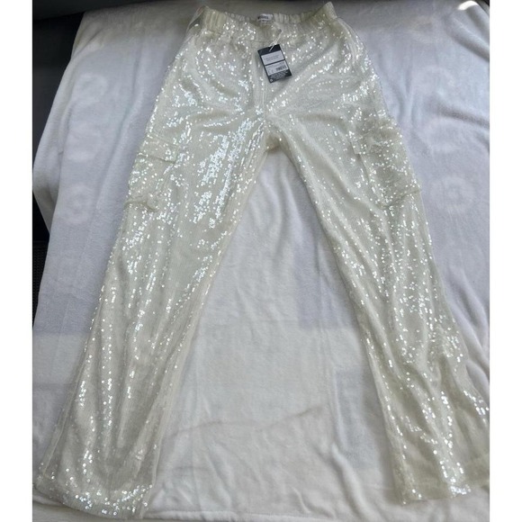 NWT Misguided Women's Whire Straigtht Leg Sequin Trouser Size 8 - Picture 1 of 8